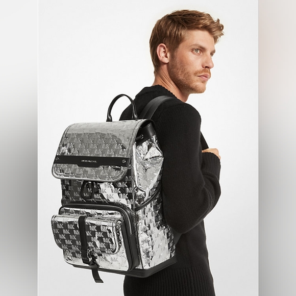 Michael Kors MensHudson Logo Embossed Metallic Backpack - Picture 1 of 8